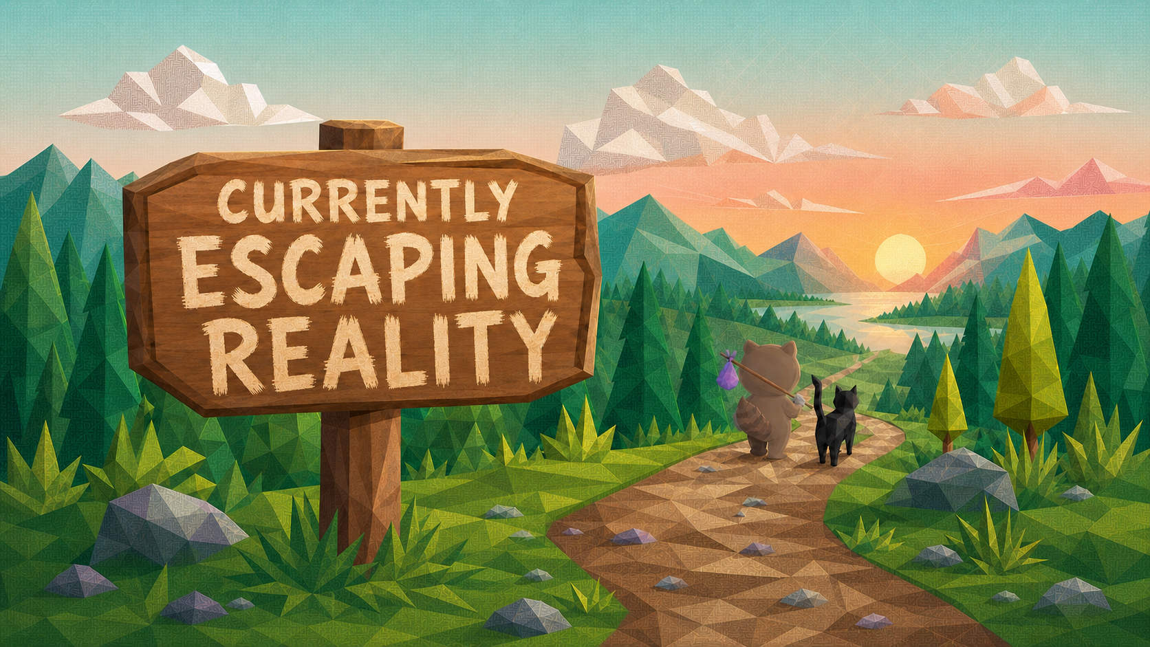 A wooden sign reads Currently Escaping Reality as Astro and Clara walk together along a mountain trail toward a warm sunset.